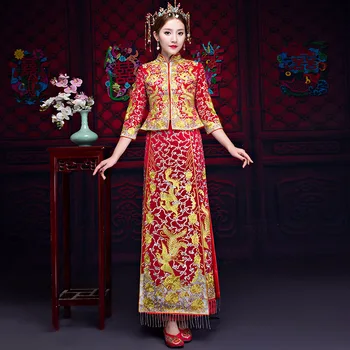 

Oriental Women Cheongsam Luxurious Embroidery Hanfu Clothing Exquisite Slim Wedding Dress Elegant Beauty Phoenix&Dragon Qipao