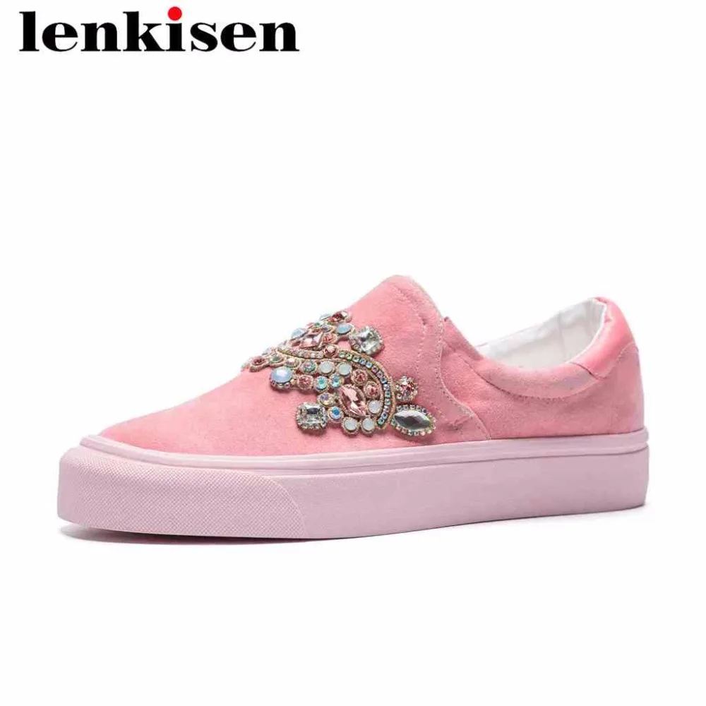 

Lenkisen slip on solid colorful sparkling crystals low bottom round toe genuine leather preppy style women vulcanized shoes L25