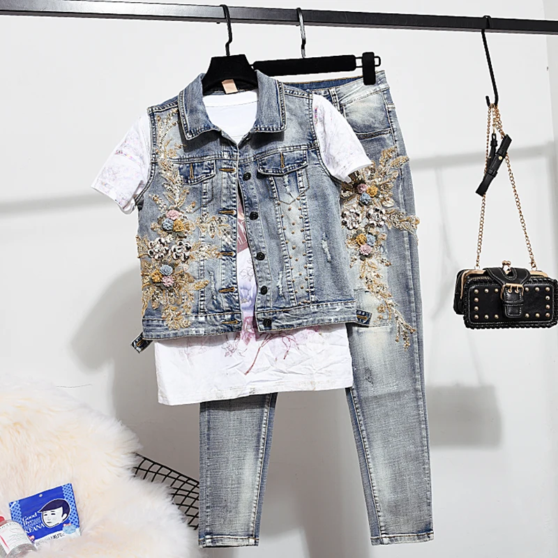 

Embroidered Jeans Sets Denim Jackets Set In Women's Two Piece Suit Thailand Style Spring 2019 Female Denim Sets Can Choose Size