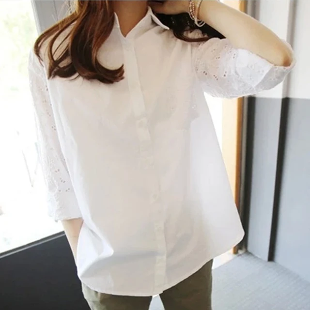 Office White Womens Tops And Blouses Tunics Plus Size 4xl 5xl Women's Blouse Work Shirt Hollow out 9/10 Sleeves Blusas Feminina