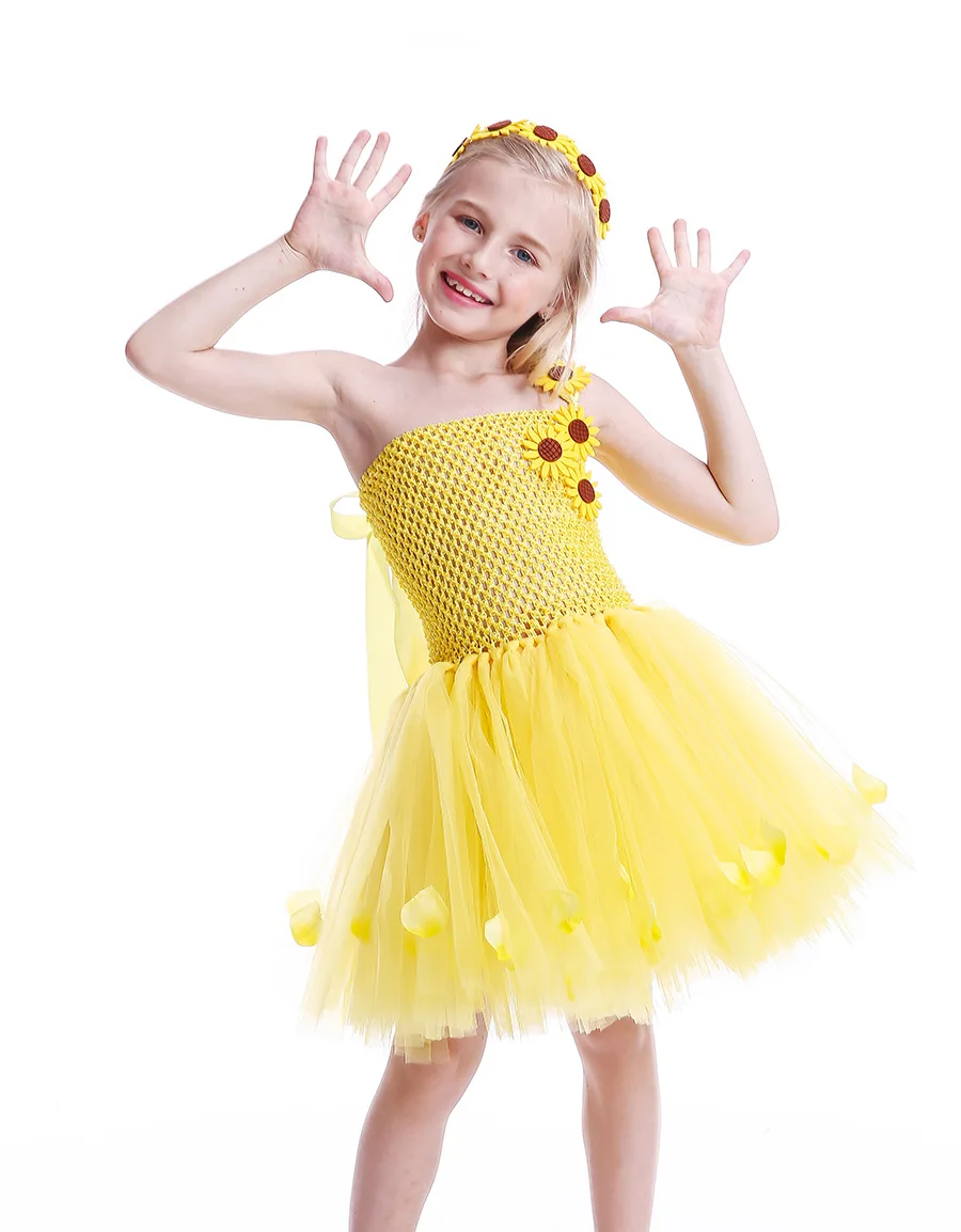 Sunflower Girls Tutu Dress with Headband Petals Embellished Princess Tulle Dress Children Birthday Party Performance Clothes (9)