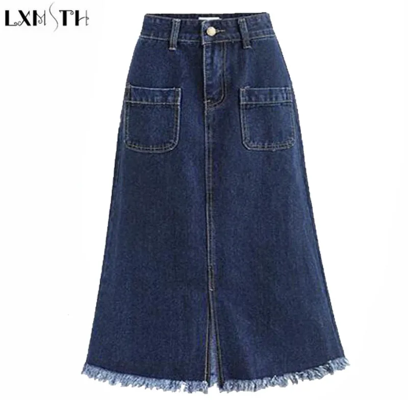 LXMSTH 4XL 5XL джинсовая юбка Для женщин 2019 лето-Line Высокая талия длинные юбки Для женщин s Plus Размеры тонкий Повседневное джинсовая юбка для дам