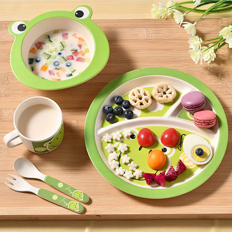 Baby Bamboo Fiber Dinnerware Children Safety Tableware Set Animal Cartoon Plate Bowl Fork Spoon Cup Food Feeding Dishes BB3092 (1)