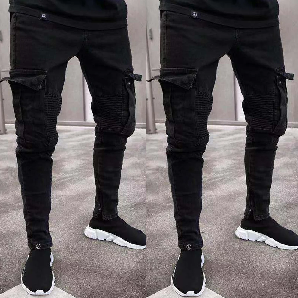 Mens Comfy Stretch Skinny Denim Jeans Pleated Cargo Pants Men Skinny Jeans Frayed Destroyed Trousers Casual Denim Pants Slim Fit