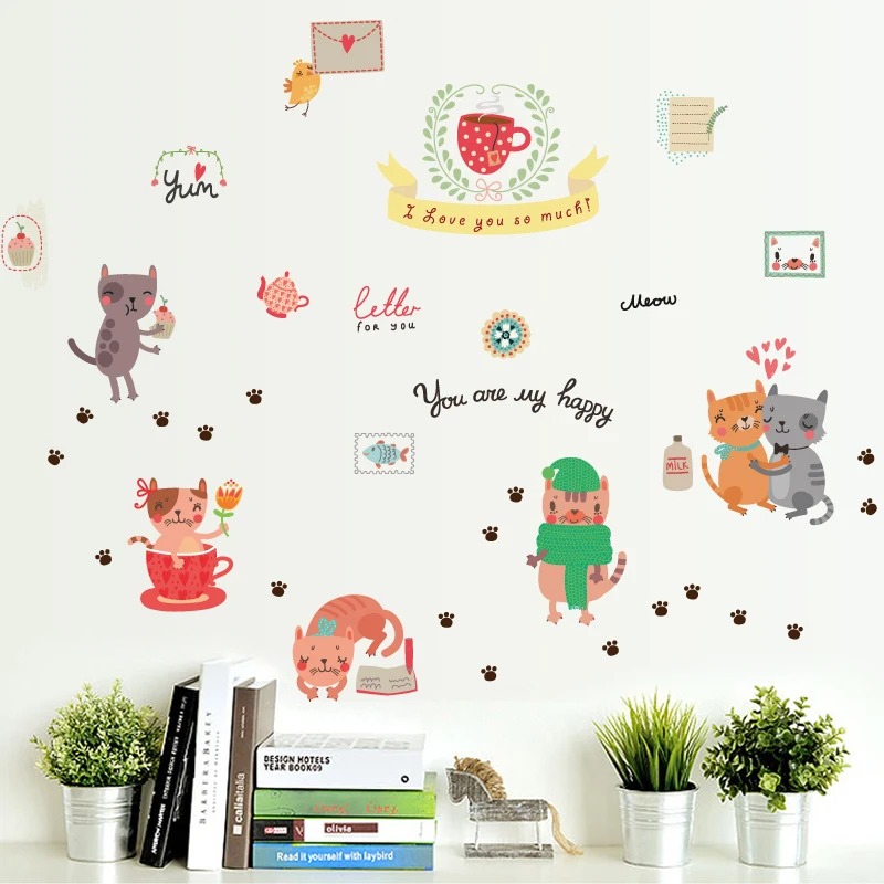 145*48cm Cartoon Cats Kitchen Wall Stickers Lovely Animals Home Decor for Kids Room Art Decorative Vinyls for Walls Waterproof