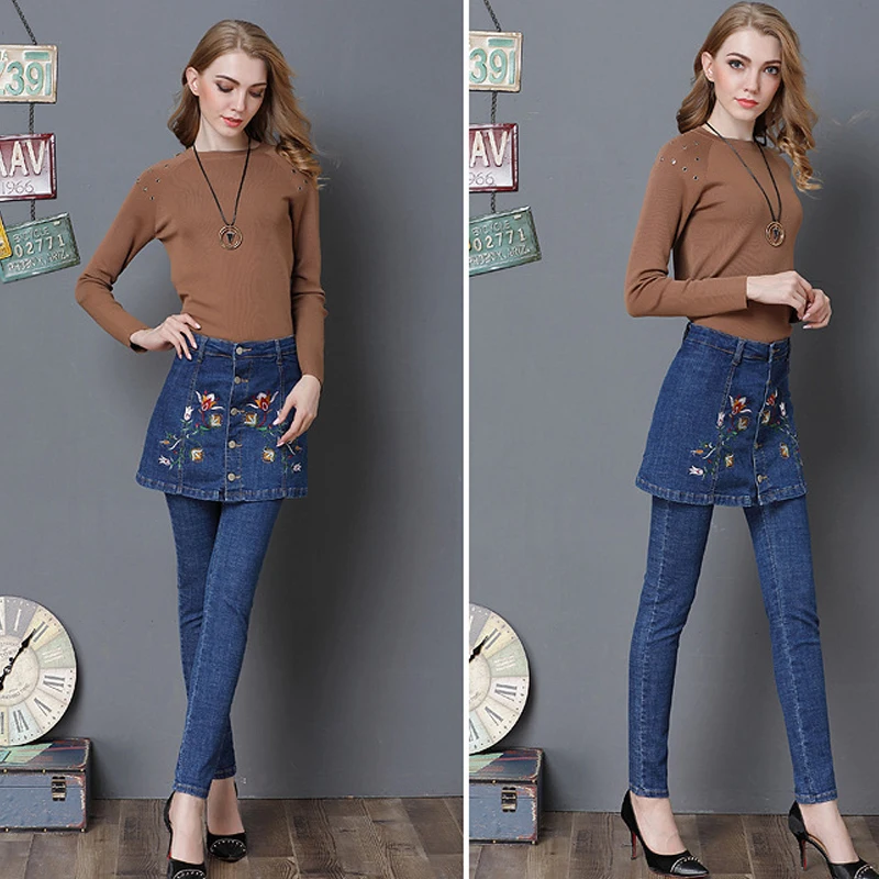 Женские обтягивающие джинсы с высокой талией, большие размеры, джинсы с цветочной вышивкой и юбкой, имитация двух частей, пуш-ап, джинсовые брюки-карандаш