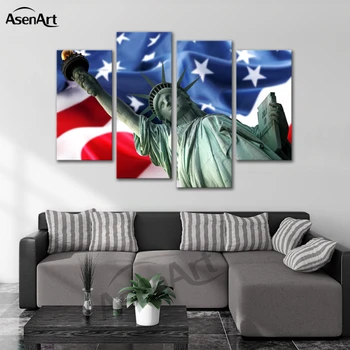 

4 Panel American Usa Flag Statue Of Liberty Painting For Living Home Decor Canvas Prints Wall Art Frame Ready To Hang Unframed