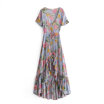 

Boho Chic Summer Vintage Floral Print Button Pleated Asymmetrical Dress Women 2019 Fashion V Neck Lace Up Dresses Femme Vestidos