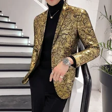 Роскошные Для мужчин s Золотой принт Пиджак бархатный пиджак блейзер Masculino Slim Fit британский стиль Для мужчин Vete Для мужчин футболка Homme плюс Размеры 5Xl