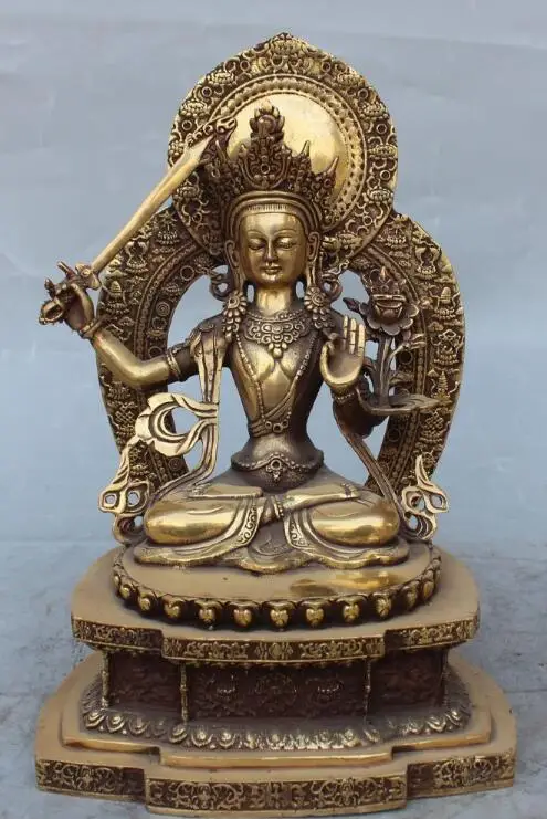 

S02314 11" Bronze 8 Auspicious Symbol Seat Wenshu Manjushri Boddhisattva Sword Statue (B0413)