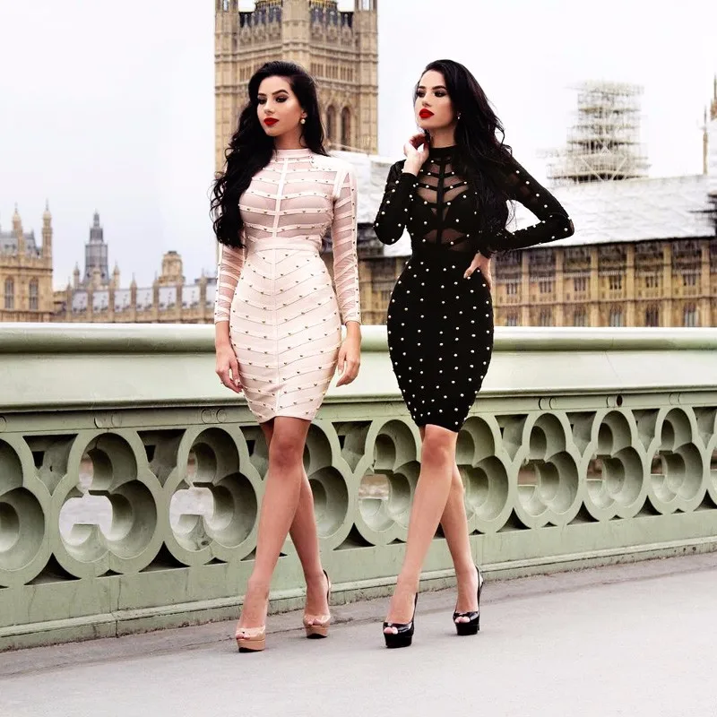 

Free Shipping Hot New Fashion 2016 Sexy Olive Green Women See Through Bodycon Studded Bandage and Long Sleeve Mesh Dress
