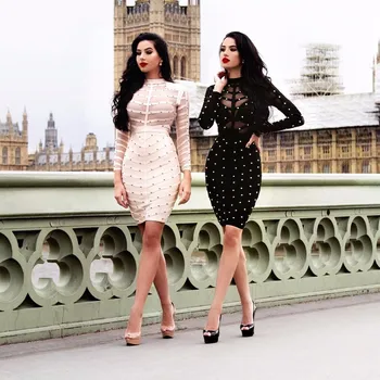 

Free Shipping Hot New Fashion 2016 Sexy Olive Green Women See Through Bodycon Studded Bandage and Long Sleeve Mesh Dress