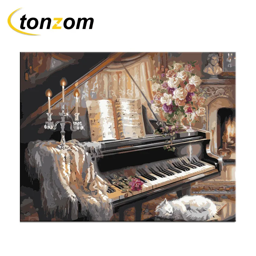 

RIHE Piano Diy Painting By Numbers Cat Oil Painting Music Cuadros Decoracion Acrylic Paint On Canvas Modern Wall Art Gift