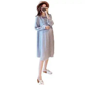 

2019 New Pregnant Women Pleated Bowknot Dress Fashion Striped Pregnancy Clothes Loose Long Sleeve Maternity Nursing Dress Q336