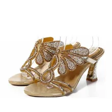 hot new 2016 women fashion thick high heels sandals gold gladiator rhinestone slippers crystal diamond ladies sweet flower shoes