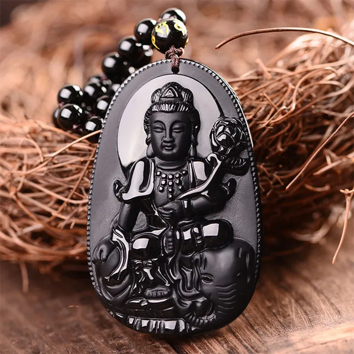 Samantabhadra патрон святой ожерелье Черный Обсидиан Резной Будда счастливый амулет кулон ожерелье для женщин мужчин Подвески Ювелирные изделия