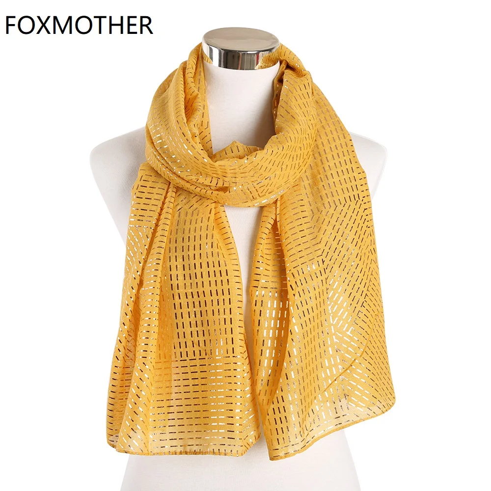 

FOXMOTHER New Women Autumn Scarfs Yellow Pink Color Foil Gold Plaid Striped Scarves Hijab Muslim Wrap Female Shawl