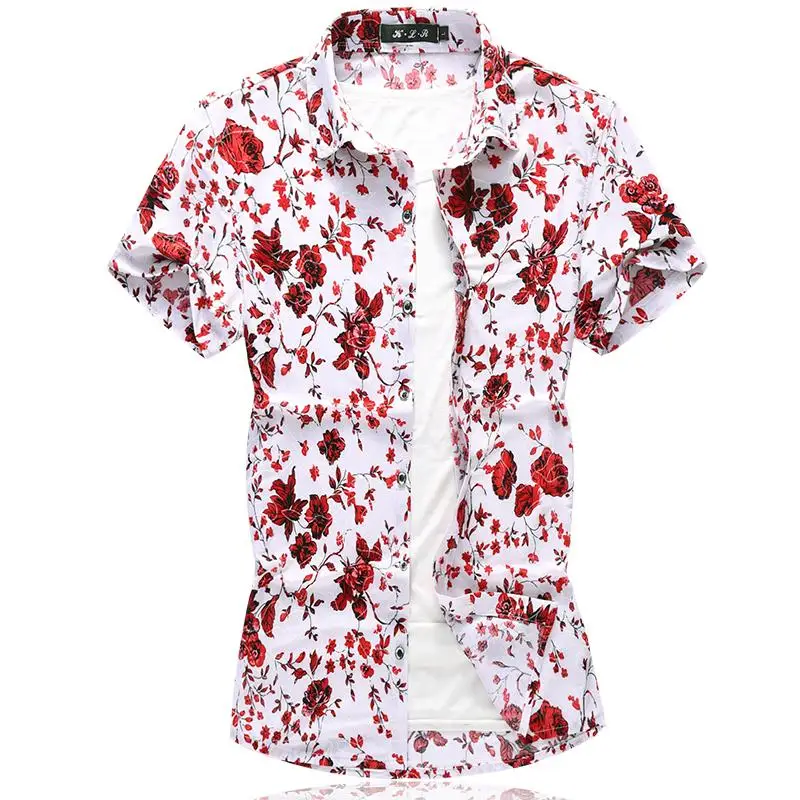 

Hawaii Floral Shirt Mens Short sleeve Silk Shirts Wedding Dress Blouse Mens Clothing Navy Red Summer