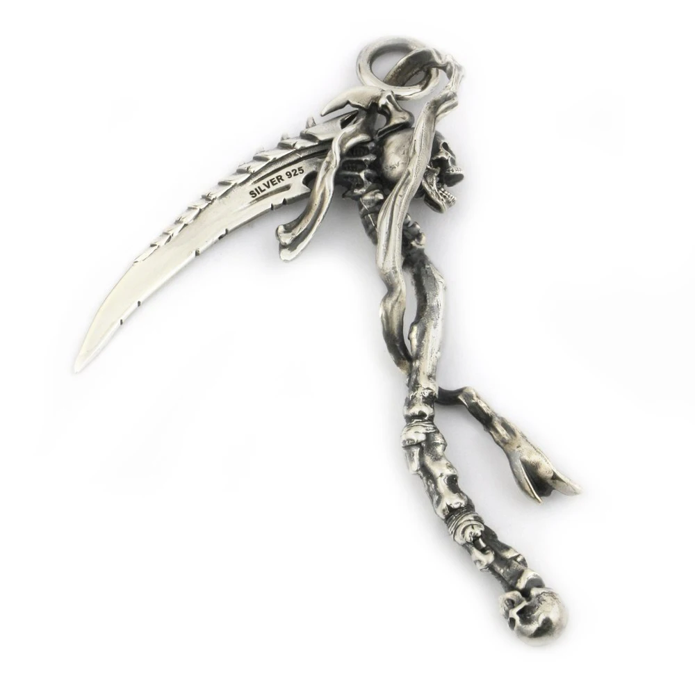 

USA Located Huge Heavy 925 Sterling Silver Grim Reaper Skull Sickle Scythe Mens Biker Rock Punk Pendant TA22 JP 4PX