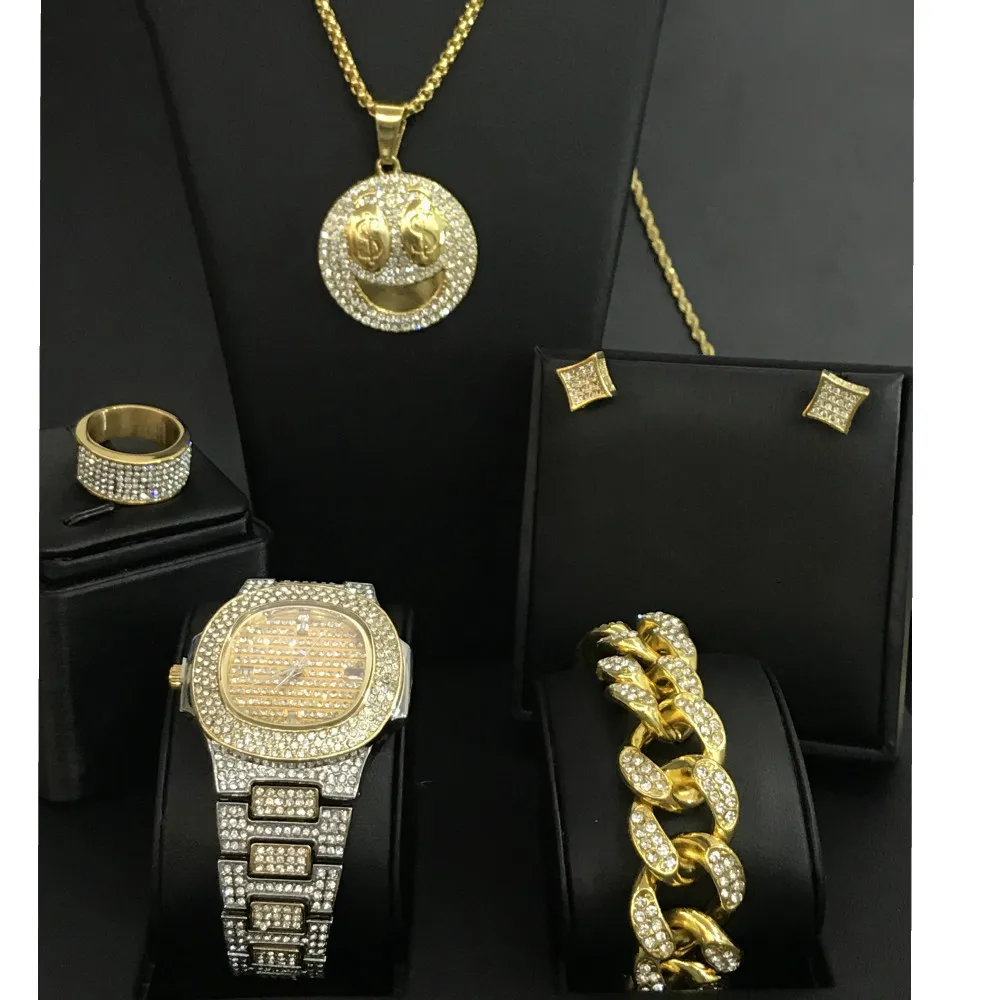 Luxury Men Watch Hip Hop &amp Necklace Bracelet Earrings Ring Combo Smiley Face Pendant Ice Out Cuban Jewelry For | Украшения и