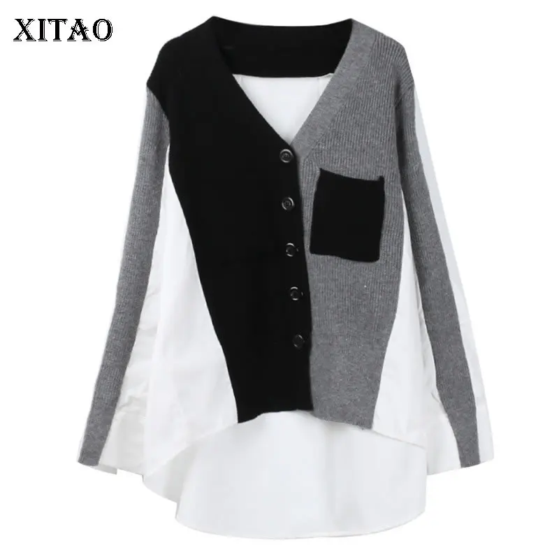 

XITAO Irregular Hit Color Knitted Sweater Women Korea Fashion Single Breasted Cardigans Geometrical Hem Patchwork 2019 WLD2392