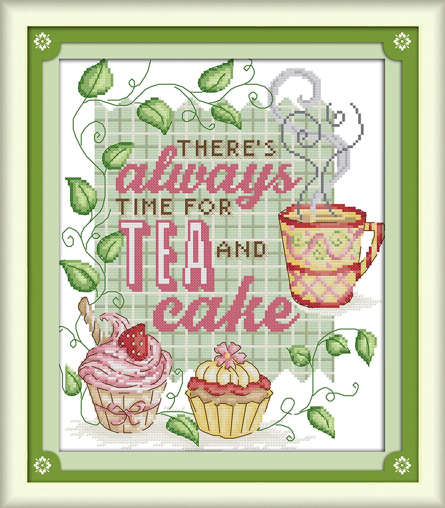 

Tea and cake cross stitch kit 18ct 14ct 11ct count printed canvas stitching embroidery DIY handmade needlework