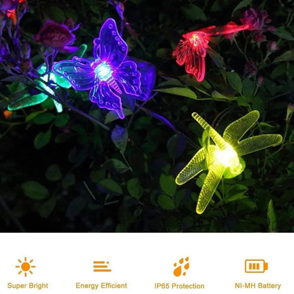 Solar String Light Outdoor 20 LED Powered Butterfly Dragonfly Lighting Multi Color Fairy for Patio | Лампы и освещение