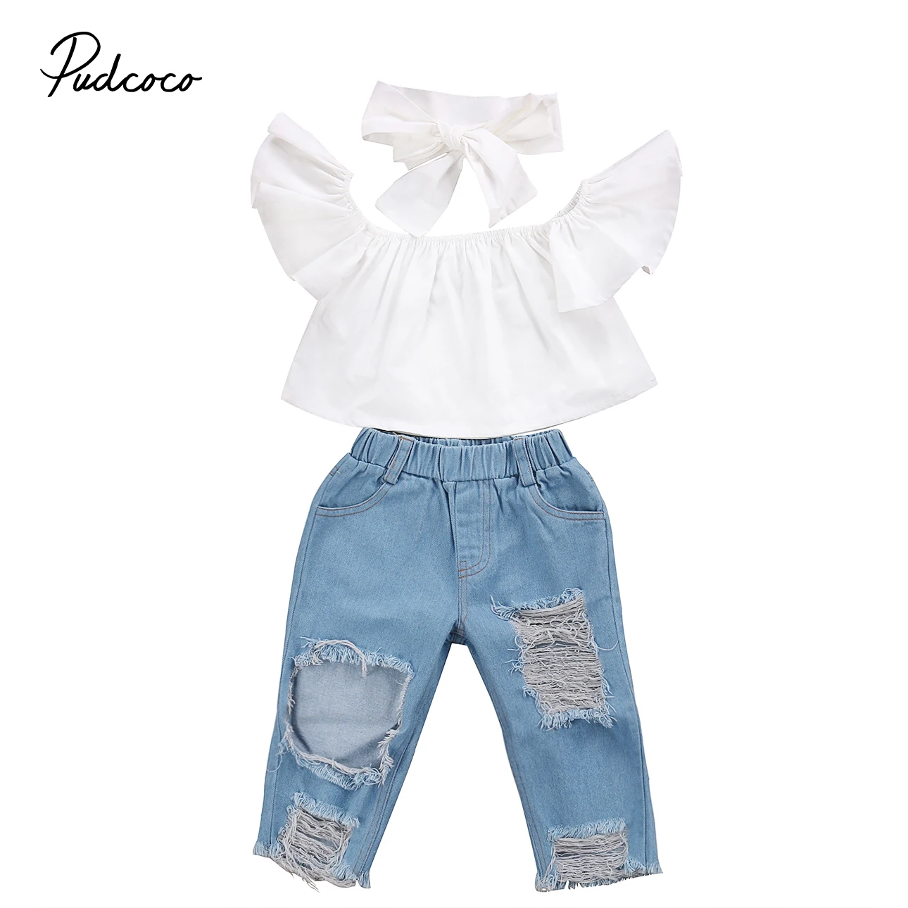 

3pcs New 2017 Fashion Toddler Girls Kid Off Shoulder Ruffle Tops Denim Hole Jeans Headband Outfits Set Clothes
