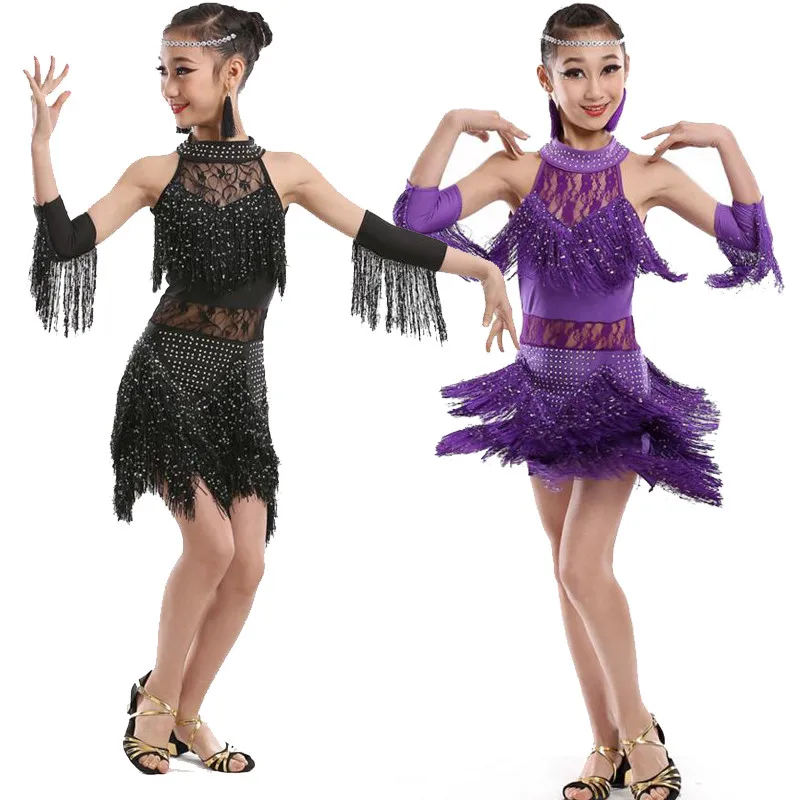Черный Обувь для девочек блестками Костюмы для латиноамериканских танцев Salsa Ленточки Танцы платье Дети Костюмы для бальных танцев