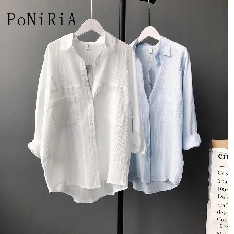 

95% Cotton Linen S M L Size for 45kg -65kg/99lb-143lb 2018 Autumn Winter women's blouse loose soft skin white blue woman shirt