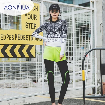 

AONIHUA Three Piece Swimsuits Women Vintage Palm wave Print Long sleeve Swimwear female Retro Surfing Bathing Suit