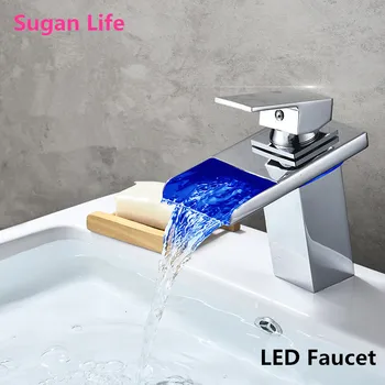

Sugan Life Bathroom Waterfall Led Faucet Glass Waterfall Brass Basin Faucet Bathroom Mixer Tap Deck Mounted basin sink Mixer Tap