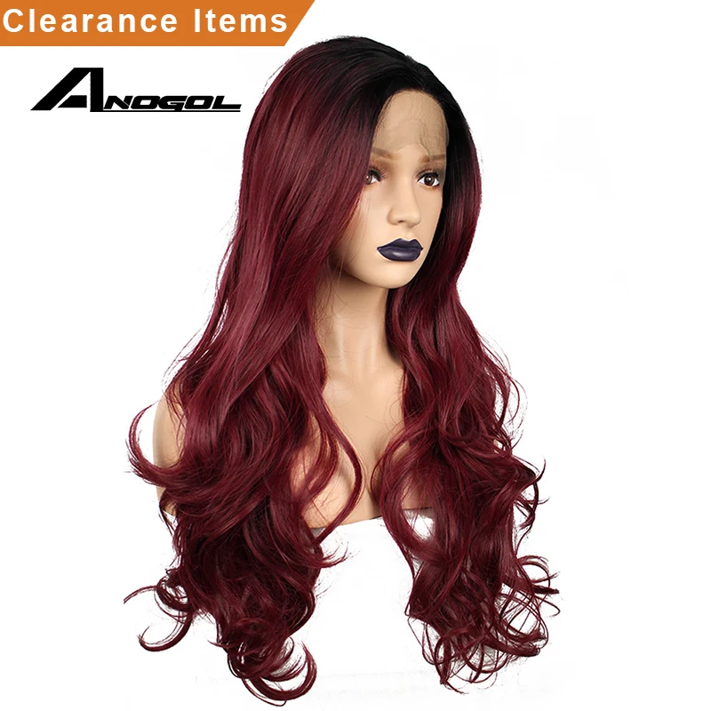 

Anogol Black Roots Ombre Burgundy Wine Red Hair Wigs Long Body Wave Side Part Synthetic Lace Front Wig For White Women Side Part