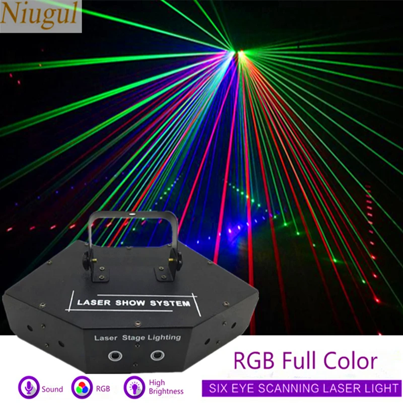 

6 Lens RGB Laser Lines Beam Scans DMX512 DJ Dance Bar Coffee Xmas Home Party Disco Effect Lighting Stage Light Laser Show System