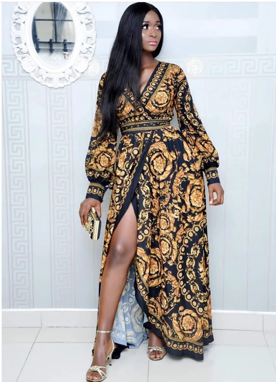 HGTE весеннее Африканское женское винтажное платье макси с цифровым принтом красивое сексуальное элегантное вечернее платье с разрезом и v-образным вырезом