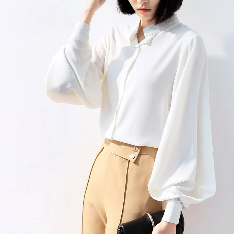 Шифоновая женская рубашка с рукавами-фонариками, новинка, модная дизайнерская одежда, Корейская винтажная рубашка со стоячим воротником, синие, черные, белые рубашки