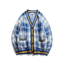 Свитер, куртка для мужчин и женщин, корейский стиль, осенний и зимний Свободный вязаный кардиган в клетку для пар