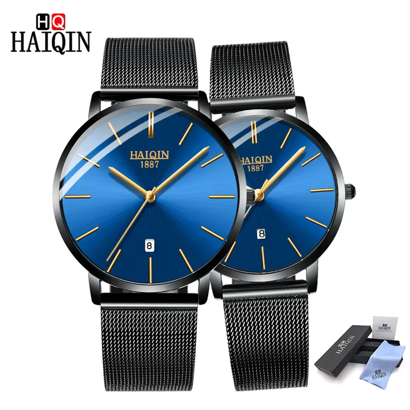 HAIQIN парные часы модные брендовые Топ Роскошные Кварцевые женские часы мужские спортивные женские часы Zegarek Damski Relogio Feminino - Цвет: Couple Black Blue