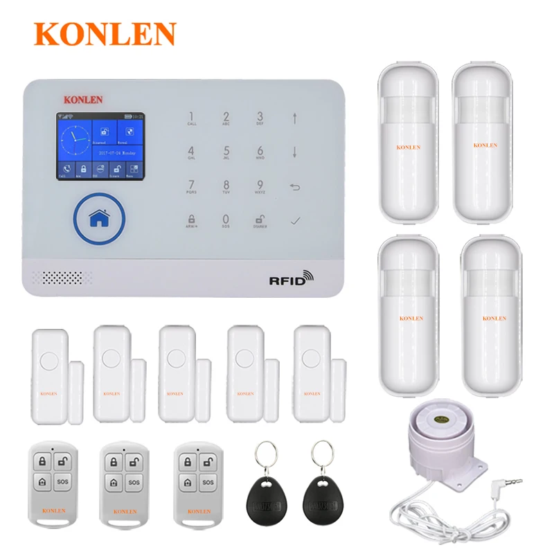 

WIFI GSM Home Burglar Security Alarm System Wireless Kits APP Control RFID Card SMS Alert Panel Touch Voice LCD PIR Door Sensor