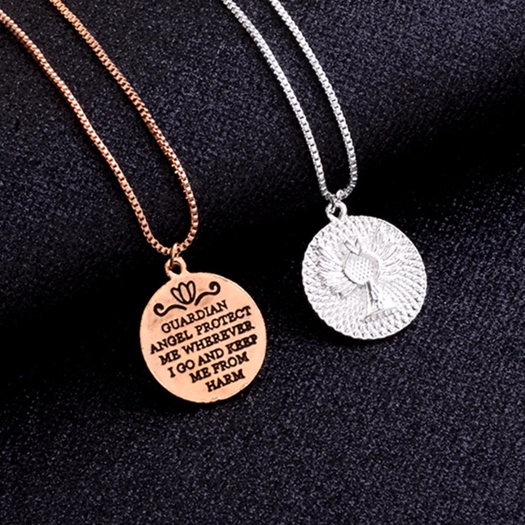 Shellhard Trendy Simple Elegant Silver/Gold Chain Metal Round Letter Angel Wing Pendant Necklace Punk Unique Jewelry Couple Gift