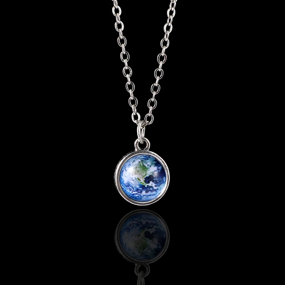 Novelty Double Sided Blue Earth Pendant Necklace Glass Cabochon Solar