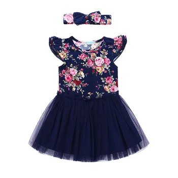 

Baby Girls Dresses INS New Floral Tulle Princess Dress + Headband 2 pcs Fashion Summer Girl Kids Dresses Boutique Clothes