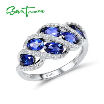 

SANTUZZA Silver Rings for Woman Blue Nano CZ Stone Ring AAA Cubic Zirconia Rings Pure 925 Sterling Silver Party Fashion Jewelry