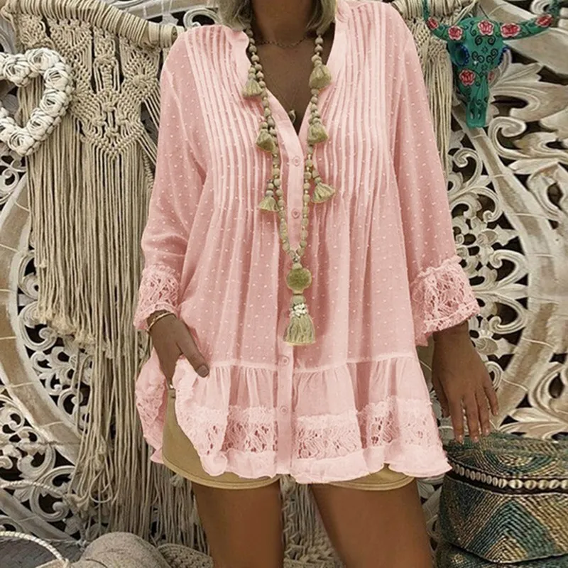 

CALOFE 5XL Large Size Women Lace Shirts Dress Long Sleeve V-Neck Pleated Loose Mini Dress Female Sexy Blouse Vestido Plus Size