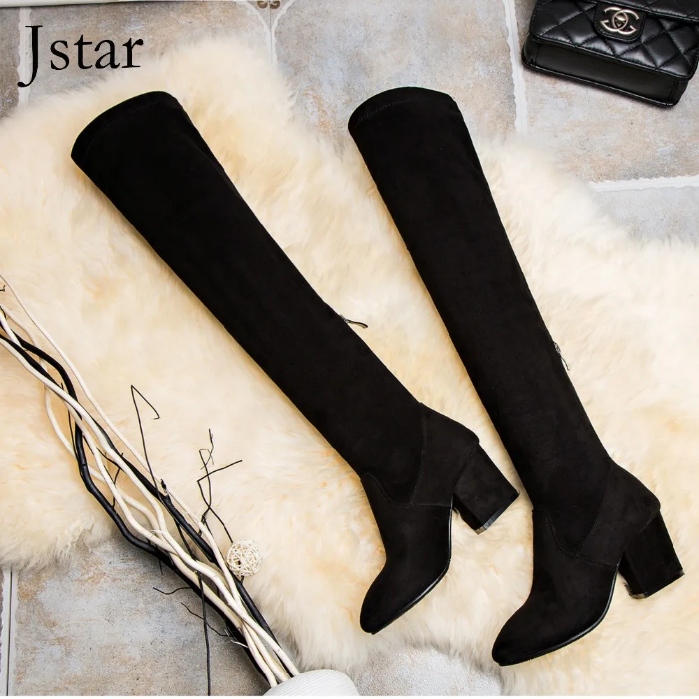 2016 Women Black Knee High Boots zipper suede Long Boots Autumn Winter Ladies Fashion Warm Chunky