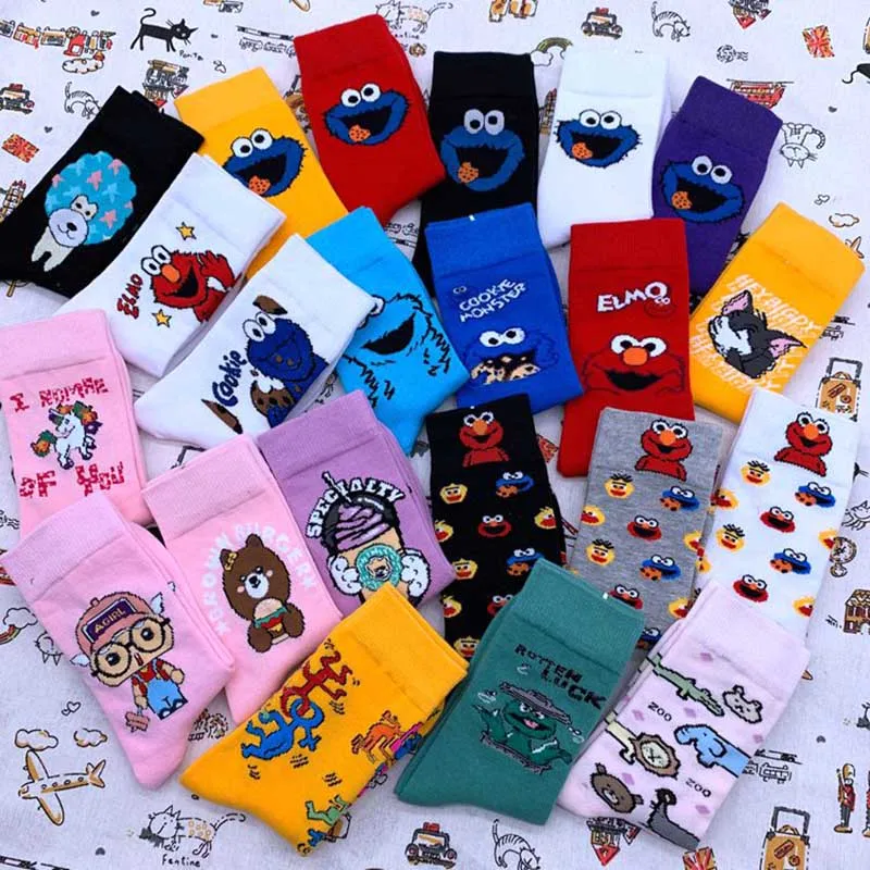 Носки с забавными персонажами из мультфильмов; носки с персонажами из мультфильмов Элмо; оригинальные носки унисекс; дышащие хлопковые носки в стиле хип-хоп; Подарки для женщин