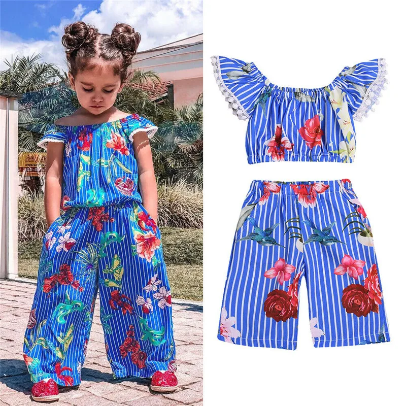 Летняя одежда для маленьких девочек, roupas de bebe, одежда для маленьких девочек, топы в полоску с цветочным рисунком, штаны, летний костюм
