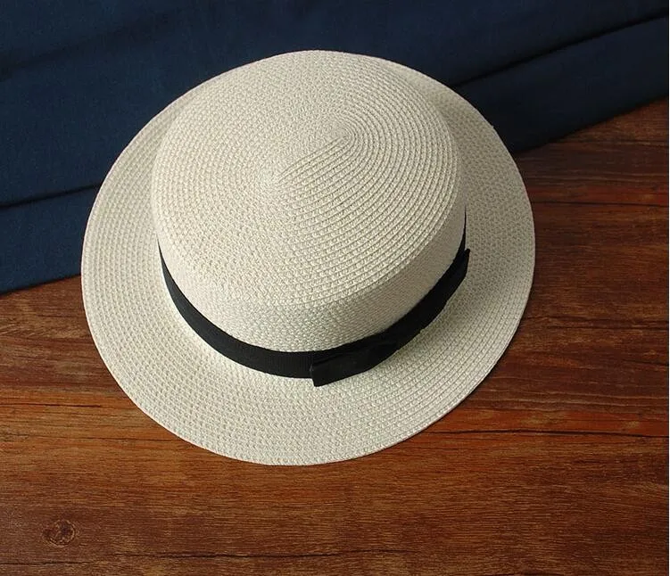 Оптовые солнечные плоские соломенные шляпы шляпы шляпы шляпы девушки лук летние шляпы для женщин пляж плоские панама соломенная шляпа с подарок