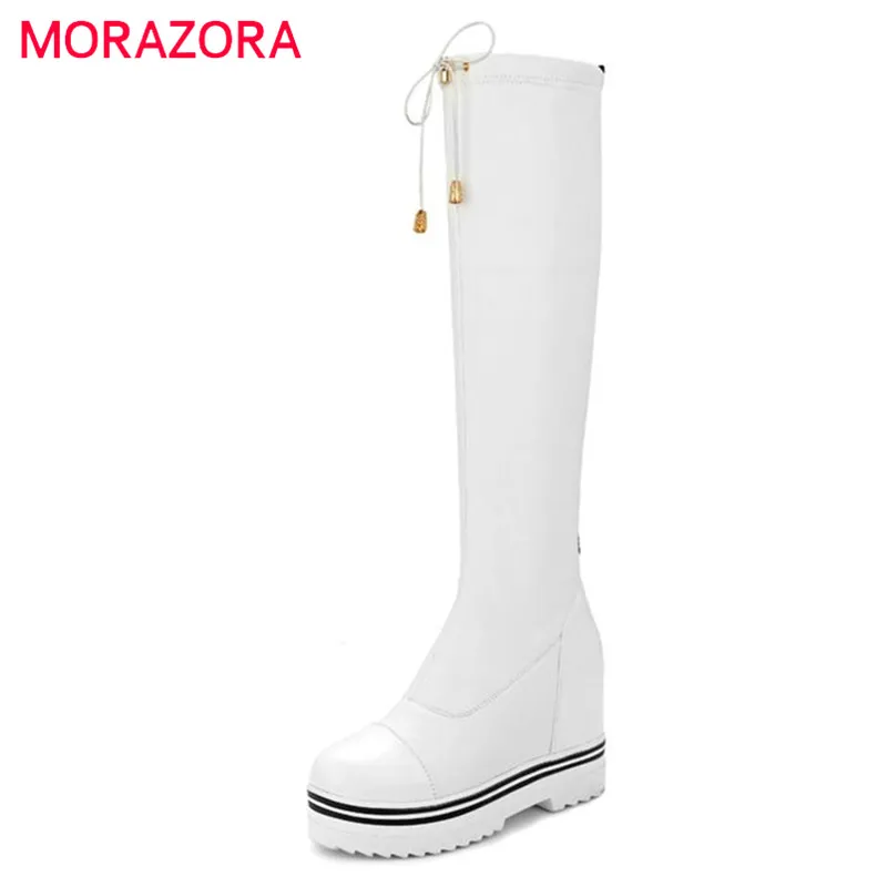 Femmes forme Sur Morazora Souple De Bottes 2 43 Longues En Taille Genou Printemps white Le black Grande Automne Plate blanc Cuir 34 Mode Pu 2 Noir 0ddqX