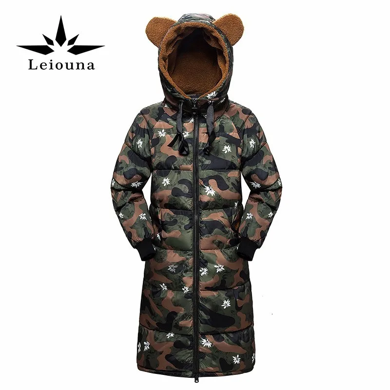 

Leiouna 2019 Fashion Cute Ear Woman Camouflage Long Student Cotton-padded Jacket Bread Loose Coat Warm Winter Snow Wear